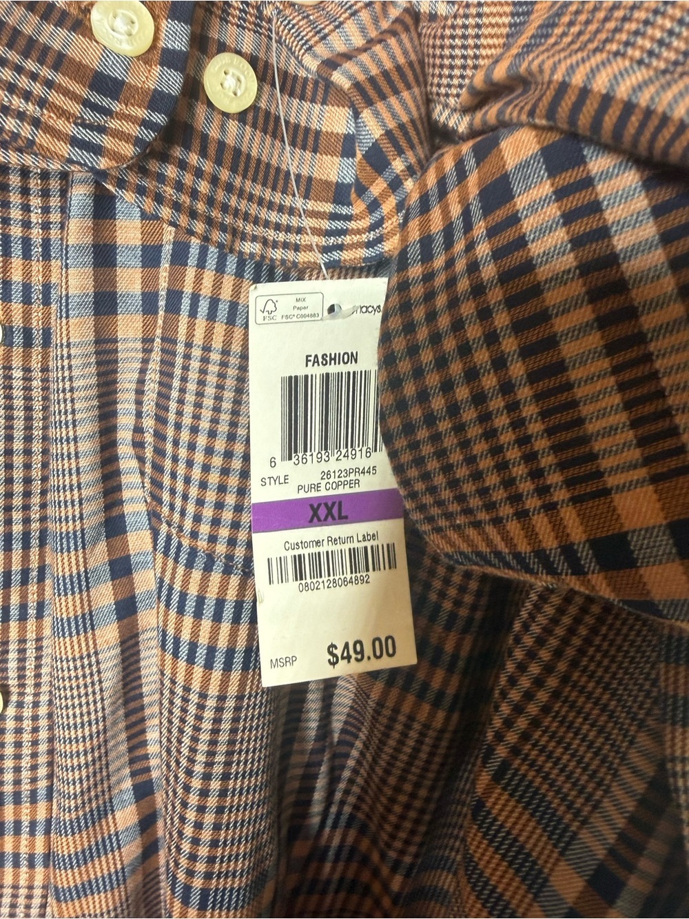 Club room men’s plaid button up dress shirt nwt XXL brown navy cotton poly - Picture 2 of 4